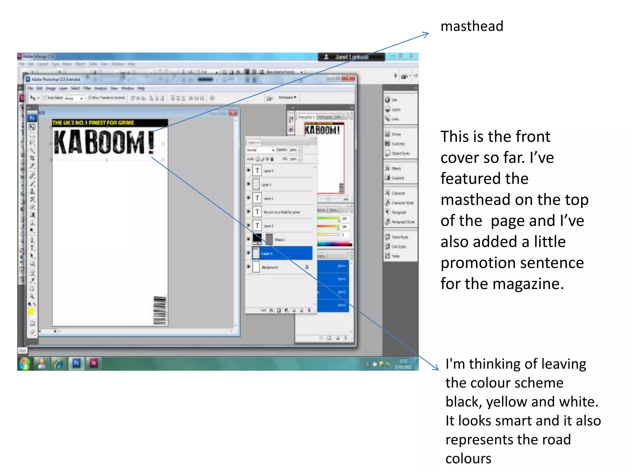masthead
This is the front
cover so far. I’ve
featured the
masthead on the top
of the page and I’ve
also added a little
promotion sentence
for the magazine.
I'm thinking of leaving
the colour scheme
black, yellow and white.
It looks smart and it also
represents the road
colours