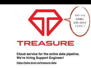 https://jobs.lever.co/treasure-data
Cloud service for the entire data pipeline.
We’re hiring Support Engineer!
サポートも 
お気軽に 
お問い合わせ 
ください！
 