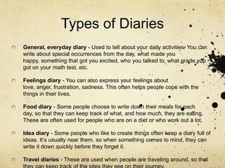 Types of DiariesGeneral, everyday diary - Used to tell about your daily activities. You can write about special occurrences from the day, what made you happy, something that got you excited, who you talked to, what grade you got on your math test, etc. Feelings diary - You can also express your feelings about love, anger, frustration, sadness. This often helps people cope with the things in their lives. Food diary - Some people choose to write down their meals for each day, so that they can keep track of what, and how much, they are eating. These are often used for people who are on a diet or who work out a lot.Idea diary - Some people who like to create things often keep a diary full of ideas. It’s usually near them, so when something comes to mind, they can write it down quickly before they forget it.Travel diaries - These are used when people are traveling around, so that they can keep track of the sites they see on their journey. 