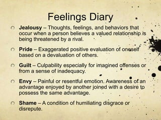 Feelings DiaryJealousy – Thoughts, feelings, and behaviors that occur when a person believes a valued relationship is being threatened by a rival.Pride – Exaggerated positive evaluation of oneself based on a devaluation of others.Guilt – Culpability especially for imagined offenses or from a sense of inadequacy.Envy – Painful or resentful emotion. Awareness of an advantage enjoyed by another joined with a desire to possess the same advantage.Shame – A condition of humiliating disgrace or disrepute.