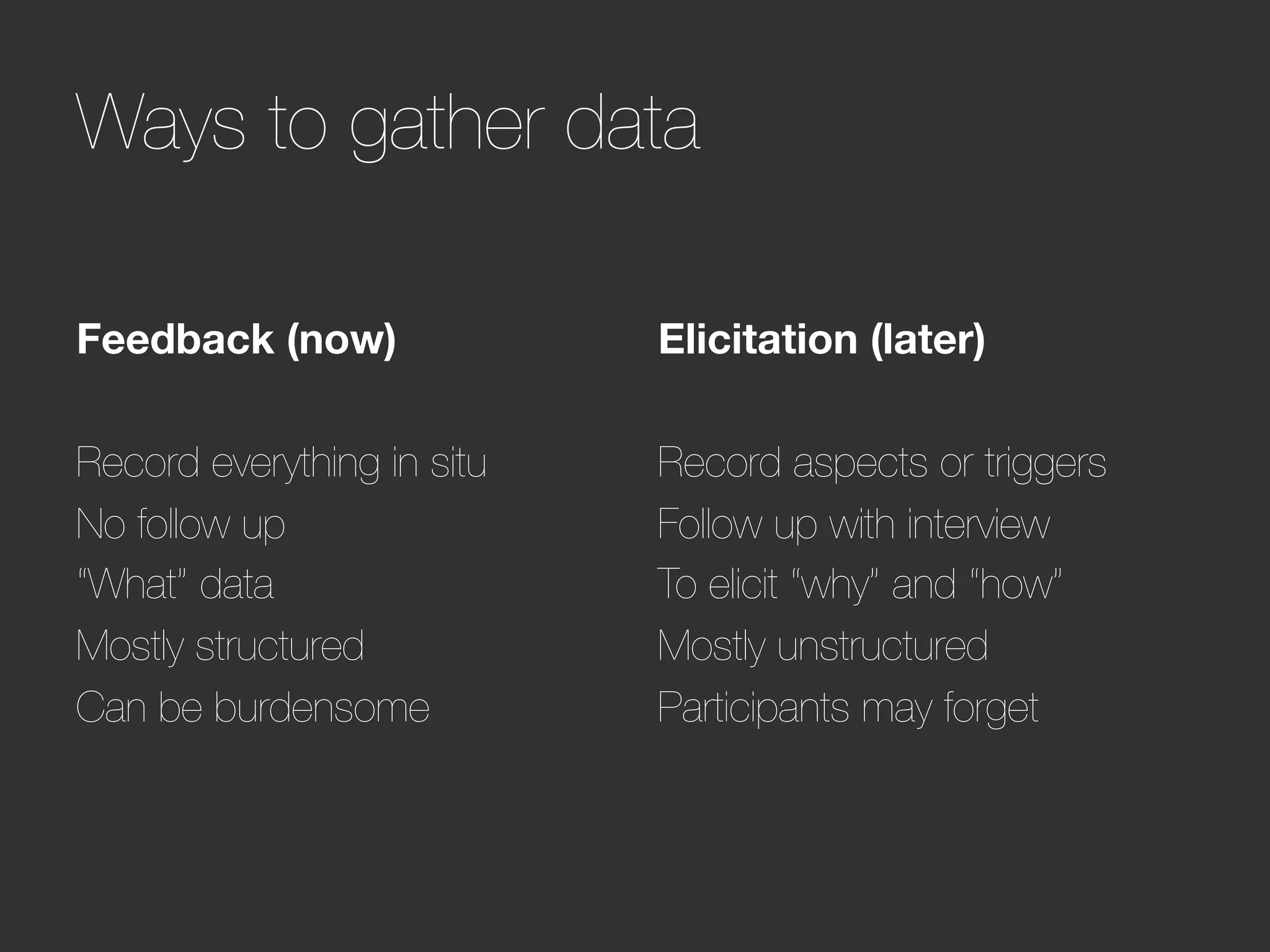 Ways to gather data

Feedback (now)
              Elicitation (later) 
       


                            
Record everything in situ
   Record aspects or triggers
No follow up
                Follow up with interview
“What” data
                 To elicit “why” and “how”
Mostly structured
           Mostly unstructured
Can be burdensome
           Participants may forget
 