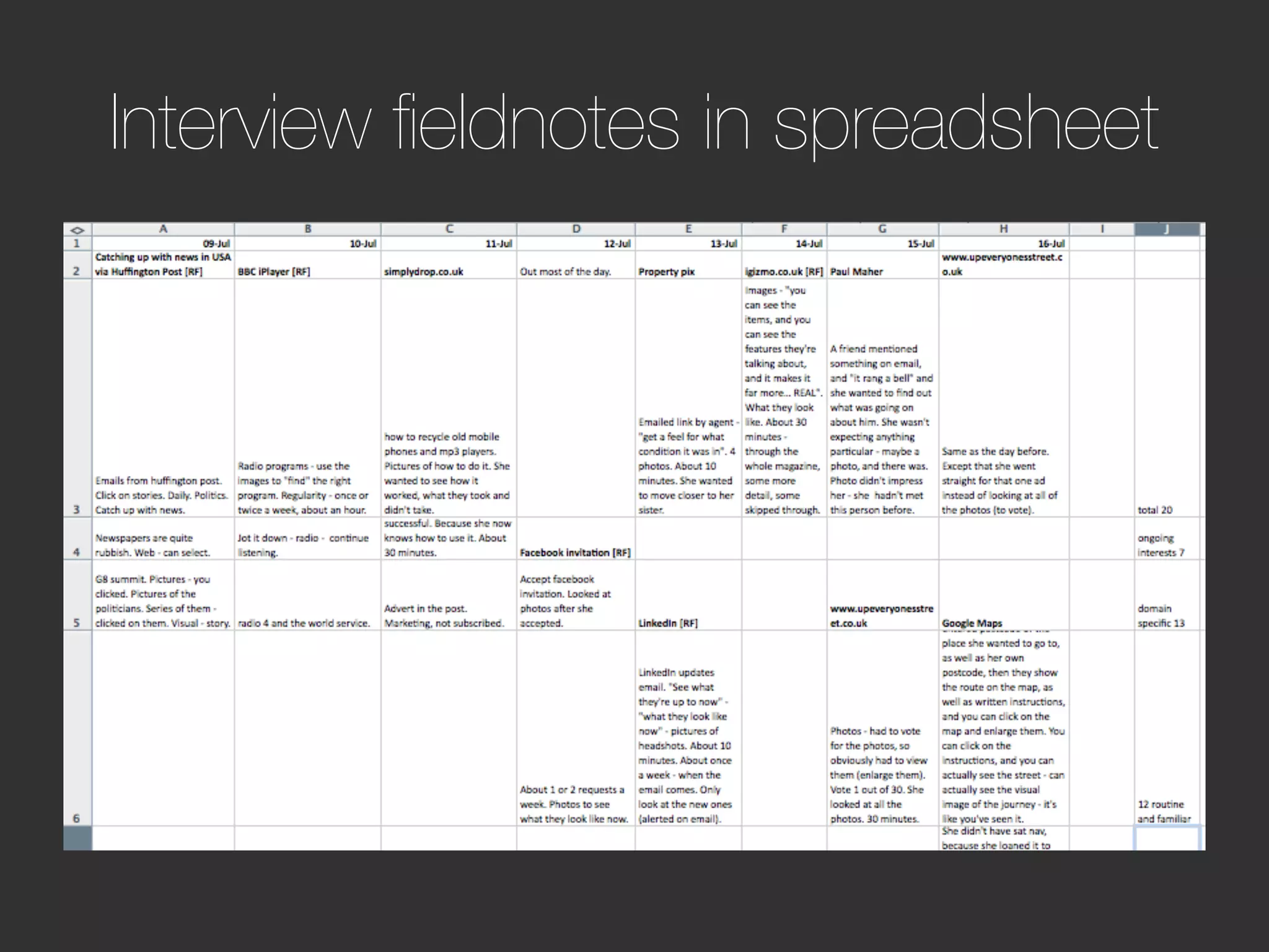 Interview ﬁeldnotes in spreadsheet
 
