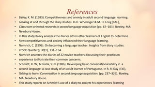 References
• Bailey, K. M. (1983). Competitiveness and anxiety in adult second language learning:
• Looking at and through the diary studies. In H. W.Selinger & M. H. Long(Eds.),
• Classroom oriented research in second language acquisition (pp. 67–103). Rowley, MA:
• Newbury House.
• In this study Bailey analyzes the diaries of ten other learners of English to determine
• how competitiveness and anxiety influenced their language learning.
• Numrich, C. (1996). On becoming a language teacher: Insights from diary studies.
• TESOL Quarterly, 30(1), 131–154.
• Numrich analyzes the diaries of 22 novice teachers discussing their practicum
• experience to illustrate their common concerns.
• Schmidt, R. W., & Froda, S. N. (1986). Developing basic conversational ability in a
• second language: A case study of an adult learner of Portuguese. In R. R. Day (Ed.),
• Talking to learn: Conversation in second language acquisition. (pp. 237–326). Rowley,
• MA: Newbury House.
• This study reports on Schmidt’s use of a diary to analyze his experiences learning
 