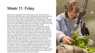Week 11: Foley
Most of the sound effect were fairly simple to get. The ones that I
had the most difficulty with were the footsteps and ambient sounds for
the exterior shots. The first problem that I encountered with the
footsteps was that it didn’t sound right when filmed indoors. This was
because the wooden floors sounded off and you could hear the spring
from under the floorboards. We tried to record some in different areas
of the house with different flooring but all of them sounded wrong. The
only way to get it to sound right was going outside to film
which meant that I couldn’t record the audio that lined up with the
footage. This can be really helpful because it simplifies the editing
process as you can just drag the audio clip straight in and it will all
line up. We couldn’t do this outside as the video was on the computer
inside. This meant I had to record some generic footsteps outside and
edit out ones that included any background noise. I then had to edit
each step individually in premiere pro and get them to match up with
the footage. This way is do-able, but it is very tedious and takes a lot
of time. The other audio that was very difficult to record was the
ambient sounds. This was because every remote location in the area
that I live has busy roads nearby meaning the distant sounds of cars
can always be heard. At first, I thought that these sounds could pass
as wind but when I put it into premiere pro and listened it was way
too obvious, and you could barely hear the bird sounds. This is why I
made the decision to use royalty free sound effects that have been
found online instead. I found some good recordings on the BBC sounds
website and downloaded them. I think that this choice was good as it
made the outdoor scenes feel much more realistic.
 