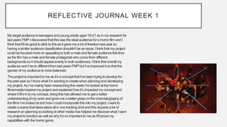 REFLECTIVE JOURNAL WEEK 1
My targetaudienceis teenagersand young adults aged 16-21as in my researchfor
last years FMP I discoveredthat thiswas the ideal audiencefor a horrorfilm and I
think thatit’ll be good to stick to this as it gave me a lot of freedomlastyear so
havinga similar audienceclassificationshouldn'tbe an issue.I think thatmy project
could be focusedmore on appealingto both a male and female audiencethis time
as the film has a male and female protagonistwho come from different
backgroundsso it shouldappeal evenly to bothaudiences.I think thatoverall my
audiencewon’t be to differentfrom lastyears FMP but I’veimproved it so that the
genderof my audienceis more balanced.
The projectis importantto me as it’s a conceptthatI’ve been trying to developfor
the pastyear so I knowwhat I’m wanting to createwhen planning and developing
my project.As I’vemainly been researchingthis week I’ve lookedat thehorror
films/mediainspiredmy project and explainedhow it’s impactedmy conceptand
where it fit’s in to my concept,doing this has allowed me to get a better
understandingof my work and givenme a bettergraspon the cinematographyof
the films I’ve lookedat and how I could incorporatethis into my project.I want to
createa scenethattakes placeall in one trackingshotand this requires a lot of
researchan planningso lookingat othermedia has helped me discoverwhat I want
my projectto functionas well as why it’s so importantto me as it’ll prove my
capabilitieswith the horrorgenre.
 