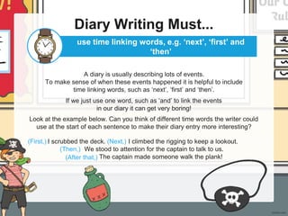 Diary Writing Must...
A diary is usually describing lots of events.
To make sense of when these events happened it is helpful to include
time linking words, such as ‘next’, ‘first’ and ‘then’.
use time linking words, e.g. ‘next’, ‘first’ and
‘then’
If we just use one word, such as ‘and’ to link the events
in our diary it can get very boring!
Look at the example below. Can you think of different time words the writer could
use at the start of each sentence to make their diary entry more interesting?
(First,) I scrubbed the deck. (Next,) I climbed the rigging to keep a lookout. (Then,)
(then,) We stood to attention for the captain to talk to us.
(After that,) The captain made someone walk the plank!
(First,) (Next,)
(After that,)
(Then,)
 