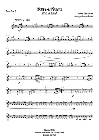 & c
F
Moderato {q = c 108}
.œ œ
^
Œ Ó .œ œ
^
Œ Ó .œ œ
^
Œ Ó .œ œ
^
Œ Ó .œ œ
^
Œ Ó
&
6
.œ œ
^
Œ Ó .œ œ
^
Œ Ó .œ œ
^
Œ Ó .œ œ œ œ .œ œ œ œ .œ œ ˙ ‰ j
œ
&
11
.œ œ œ œ .œ œ œ œ ˙ Œ. j
œ .œ œ œ œ .œ œ œ œ œ œ œ œ .œ œ œ œ .œ œ œ œ
&
16
˙ Ó ∑ Ó ‰ œ œ œ .˙ œ œœ .œ œœ˙ .œ œ
^
Œ Ó .œ œ
^
Œ Ó
& ..
f
23
Ó Œ œ
^
œœ
^
Ó Œ œœœœ .˙ œ œ .˙ œ œ w ˙ Œ œœœœ
& ..
29
.˙ œ œ .˙ œ œ ˙ ˙
1.
.˙
œœœœ
2.
w
p
‰ œ œ œ œ œ
^
œ œ œ œ
^
&
35
‰ œ œ œ œ œ
^
œ œ œ œ
^
‰ œœœ œ œ
^
œœ œ œ
^
‰ œœœ œ œ
^
œœ œ œ
^
F
‰ œœœ œ œ
^
œœ œ œ
^
&
39
‰ œ œ œ œ œ
^
œ œ œ œ
^
‰ œœœ œ œ
^
œœ œ œ
^
‰ œœœ œ œ
^
œœ œ œ
^
‰ œœœ œ œ^ œœ œ œ^
Days of Elijah
Arranjo: Camp Kirkland
Adaptação: Gustavo Bolonha
© Cariacica 03/2014
Extraído do álbum Gloryland Band 8 - Camp Kirkland
Composição: Robin Mark
Tenor Sax. 2
(Dias de Elias)
 