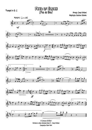 & c
F
Moderato {q = c 108}
Ó Œ œ œ œ ˙ œ œ w Ó ≈œ œœ œ Ó Œ œ œ œ
&
6
˙ œ œ w Ó ≈œ
^
œ
j
œ
^
‰
11
Ó Œ ‰ j
œ œ œ œ œ œ œ œ œ
& ..
22
œ œ œ œ œ œ œ^ œœ œ œ œœ^
f
Œ ‰ j
œ
>
œ œ œ Œ œ- œ^ œ^ œœ œ Œ œ- œ^ œ^ œœ
&
27
œ Œ œ^ œœ œœ œ Œ œ œ œ ‰ œœ
œ œ^ œ^ œœ œ ‰ j
œ
œ œ œ œ œ œ œ œ œ œ
& ..
32 1.
œ ‰ j
œ
œ œ
2.
w
8
Ó Œ œœœ w Œ œœœ ˙
&
45
˙ œ
^
œ œ œ œ
^
Ó Œ œ œ œ w Œ
œ œ œ ˙ ˙ œ^ œ œ œ œ^
&
## ..
50
œ œ œ^
‰ j
œ
œ# œ
ƒ
œ Œ œ- œ^ œ^ œ œ œ Œ œ- œ^ œ^ œ œ œ Œ œ^ œ œ œ œ
&
## ..
54
œ Œ œ œ œ ‰ œœ
œ œ^ œ^ œœ œ ‰ j
œ
œ œ œ œ œ œ œ œ œœ
1.
œ ‰ j
œ
œ œ
&
##
59 2.
œ Œ œ^ œ œ œ œ ˙ œ œ> œ> œ^
Œ Ó
Days of Elijah
Arranjo: Camp Kirkland
Adaptação: Gustavo Bolonha
© Cariacica 03/2014
Extraído do álbum Gloryland Band 8 - Camp Kirkland
Composição: Robin Mark
Trumpet in Bb 1
(Dias de Elias)
 