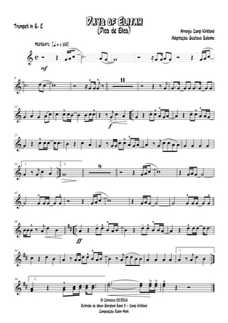 & c
F
Moderato {q = c 108}
Ó Œ œ œ œ .˙ œ œ w Ó ≈œ œœ œ Ó Œ œ œ œ
&
6
.˙ œ œ w Ó ≈œ
^
œ
j
œ
^
‰
11
Ó Œ ‰ j
œ .œ œ œ œ .œ œ œ œ
& ..
22
œ œ œ œ œ œ œ^ œœ œ œ œœ^
f
Œ ‰ j
œ
>
œ œ œ Œ œ- œ^
œ
^
œœ œ Œ œ- œ^
œ
^
œœ
&
27
œ Œ œ^ œ œ œ .œ œ Œ œ œ œ ‰ œ œ œ œ^
œ
^
œ œ œ ‰ j
œ œ œ œ œ œ œ œ œ
& ..
32 1.
œ ‰ j
œ œ œ
2.
w
8
Ó Œ œœœ w Œ œœœ ˙
&
45
˙ œ
^
œ œ œ œ
^
Ó Œ œ œ œ w Œ œ œ œ ˙ ˙ œ
^
œ œ œ œ
^
&
## ..
50
œœœ
^
‰
j
œ œ œ
ƒ
œ Œ œ- œ^
œ
^
œ œ œ Œ œ- œ^
œ
^
œ œ œ Œ œ^ œ œ œ .œ
&
## ..
54
œ Œ œ œ œ ‰ œ œœ œ^
œ
^
œœ œ ‰ j
œ œ œ œ œ œ œ œ œ
1.
œ ‰ j
œ œ œ
&
##
59 2.
œœ Œ œœ
^ œœ œœ œœ ..œœ
..˙˙ œœ œœ> œœ> œœ^
Œ Ó
Days of Elijah
Arranjo: Camp Kirkland
Adaptação: Gustavo Bolonha
© Cariacica 03/2014
Extraído do álbum Gloryland Band 8 - Camp Kirkland
Composição: Robin Mark
Trumpet in Bb 2
(Dias de Elias)
 