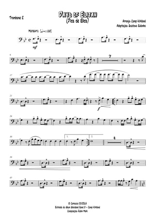 ? bb c
F
Moderato {q = c 108}
.œ œ^
Œ Ó .œ œ^
Œ Ó .œ œ^
Œ Ó
.œ œ^
Œ Ó .œ œ^
Œ Ó
?
bb
6
.œ œ^
Œ Ó .œ œ^
Œ Ó
.œ œ^
Œ ≈œ^ œ
J
œ^
‰
7
Ó Œ ‰ J
œ
?
bb
17 .œ œ œ œ .œ œ œ œ .œ œ œ
Œ ‰ J
œ .œ œ œ œ .œ œ œ œ ˙
Ó
? bb ..
21
.œ œ
^
Œ Ó .œ œ^
Œ Ó Œ œ .œ œœ^
f
Œ ‰ J
œ> œ œ œ Œ
œ- œ^ œ^ œ œ
?
bb
26
œ Œ
œ- œ^ œ^ œ œ œ Œ
œ^ œ œ œ .œ œ Œ
œ œ œ ‰ œ œ œ œ^ œ^ œ œ
?
bb ..
30
œ ‰ J
œ œ œ œ œ œ œ œ œ
1.
œ ‰ J
œ œ œ
2.
w
4
.œ œ
^
Œ Ó
? bb
39
.œ œ^
Œ Ó .œ œ
^
Œ Ó
.œ œ^
Œ Ó .œ œ
^
Œ Ó .œ œ^
Œ Ó .œ œ
^
Œ Ó
? bb nn
45
.œ œ^
Œ Ó .œ œ
^
Œ Ó .œ œ^
Œ Ó .œ œ
^
Œ Ó
.œ œ^
Œ Ó œœœ^
‰ J
œ œ œ
Days of Elijah
Arranjo: Camp Kirkland
Adaptação: Gustavo Bolonha
© Cariacica 03/2014
Extraído do álbum Gloryland Band 8 - Camp Kirkland
Composição: Robin Mark
Trombone 2
(Dias de Elias)
 