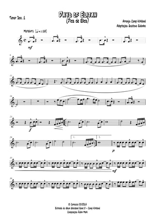 & c
F
Moderato {q = c 108}
.œ œ
^
Œ Ó .œ œ
^
Œ Ó .œ œ
^
Œ Ó .œ œ
^
Œ Ó .œ œ
^
Œ Ó
&
6
.œ œ
^
Œ Ó .œ œ
^
Œ Ó .œ œ
^
Œ Ó .œ œ œ œ .œ œ œ œ .œ œ ˙ ‰ j
œ
&
11
.œ œ œ œ .œ œ œ œ ˙ Œ. j
œ .œ œ œ œ .œ œ œ œ œ œ œ œ .œ œ œ œ .œ œ œ œ
&
16
˙ Ó ∑ Ó ‰ œ œ œ .˙ œ œœ .œ œœ˙ .œ œ^
Œ Ó .œ œ
^
Œ Ó
& ..
f
23
Ó Œ œ
^ œœ^
Ó Œ œœœœ .˙ œ œ .˙ œ œ w ˙ Œ œœœœ
& ..
29
.˙ œ œ .˙ œ œ ˙ ˙
1.
.˙
œœœœ
2.
w
p
‰ œ œ œ œ œ^ œ œ œ œ^
&
35
‰ œœ œ œ œ^ œ œ œ œ^
‰ œœ œ œ œ^ œ œ œ œ^
‰ œœ œ œ œ
^
œ œ œ œ
^
F
‰ œœ œ œ œ^ œ œ œ œ^
&
39
‰ œ œ œ œ œ^ œ œ œ œ^
‰ œ œœ œ œ^ œ œ œ œ^
‰ œ œœ œ œ
^
œ œ œ œ
^
‰ œ œœ œ œ^ œœ œ œ^
Days of Elijah
Arranjo: Camp Kirkland
Adaptação: Gustavo Bolonha
© Cariacica 03/2014
Extraído do álbum Gloryland Band 8 - Camp Kirkland
Composição: Robin Mark
Tenor Sax. 1
(Dias de Elias)
 