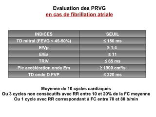 Moyenne de 10 cycles cardiaques Ou 3 cycles non consécutifs avec RR entre 10 et 20% de la FC moyenne Ou 1 cycle avec RR correspondant à FC entre 70 et 80 b/min Evaluation des PRVG  en cas de fibrillation atriale INDICES SEUIL TD mitral (FEVG < 45-50%) ≤  150 ms E/Vp ≥  1,4  E/Ea ≥  11 TRIV ≤  65 ms Pic accélération onde Em ≥  1900 cm²/s TD onde D FVP ≤  220 ms 