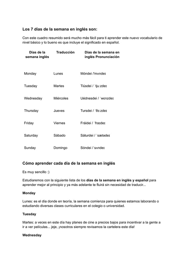 Dias De La Semana En Ingles