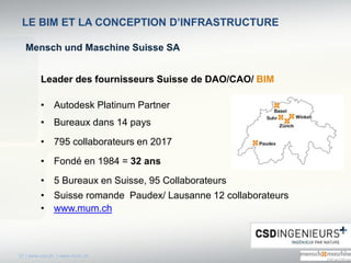 37 | www.csd.ch | www.mum.ch
Mensch und Maschine Suisse SA
LE BIM ET LA CONCEPTION D’INFRASTRUCTURE
Leader des fournisseur...