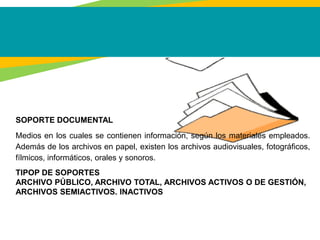 SOPORTE DOCUMENTAL
Medios en los cuales se contienen información, según los materiales empleados.
Además de los archivos en papel, existen los archivos audiovisuales, fotográficos,
fílmicos, informáticos, orales y sonoros.
TIPOP DE SOPORTES
ARCHIVO PÚBLICO, ARCHIVO TOTAL, ARCHIVOS ACTIVOS O DE GESTIÓN,
ARCHIVOS SEMIACTIVOS. INACTIVOS
 
