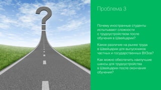 Проблема 3
Почему иностранные студенты
испытывают сложности
с трудоустройством после
обучения в Швейцарии?
Какое различие на рынке труда
в Швейцарии для выпускников
частных и государственных ВУЗов?
Как можно обеспечить наилучшие
шансы для трудоустройства
в Швейцарии после окончания
обучения?

 