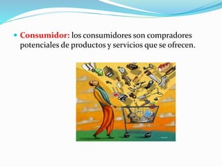  Consumidor: los consumidores son compradores 
potenciales de productos y servicios que se ofrecen. 
 