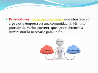  Proveedores: persona o empresa que abastece con 
algo a otra empresa o a una comunidad. El término 
procede del verbo proveer, que hace referencia a 
suministrar lo necesario para un fin. 
 