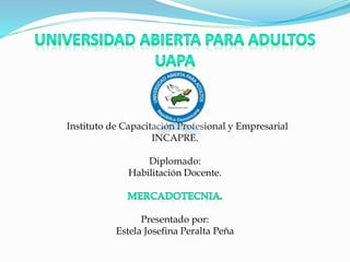 Instituto de Capacitación Profesional y Empresarial 
INCAPRE. 
Diplomado: 
Habilitación Docente. 
Presentado por: 
Estela Josefina Peralta Peña 
 