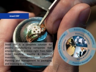 Jewel ERP is a complete solution for
jewelry manufacturing companies that
empowers each process right from Sales
Order Handling, Jewelry & Diamond
Inventory management, Production
Planning and management to packaging
and invoicing in real time.
Jewel ERP
 