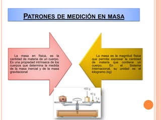 PATRONES DE MEDICIÓN EN MASA
La masa en física, es la
cantidad de materia de un cuerpo.
Es una propiedad intrínseca de los
cuerpos que determina la medida
de la masa inercial y de la masa
gravitacional
La masa es la magnitud física
que permite expresar la cantidad
de materia que contiene un
cuerpo. En el Sistema
Internacional, su unidad es el
kilogramo (kg)
 