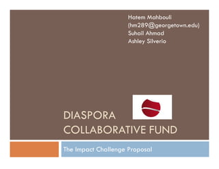 Hatem Mahbouli
                     (hm289@georgetown.edu)
                     Suhail Ahmad
                     Ashley Silverio




DIASPORA
COLLABORATIVE FUND
The Impact Challenge Proposal
 