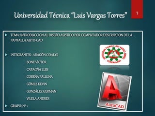 Universidad Técnica “Luis Vargas Torres”
 TEMA:INTRODUCCIONAL DISEÑOASISTIDOPORCOMPUTADORDESCRIPCIONDELA
PANTALLAAUTO-CAD
 INTEGRANTES: ARAGÓNODALYS
BONEVÍCTOR
CATAGÑALUIS
COBEÑAPAULINA
GÓMEZKEVIN
GONZÁLEZGERMAN
VILELAANDRÉS
 GRUPO:N° 1
1
 