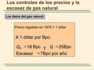 Los controles de los precios y la
escasez de gas natural
Los datos del gas natural


     Precio regulado en 1975 = 1 dólar


      A 1 dólar por Bpc:

       QS = 18 Bpc y Q = 25Bpc
       Escasez = 7Bpc por año
 