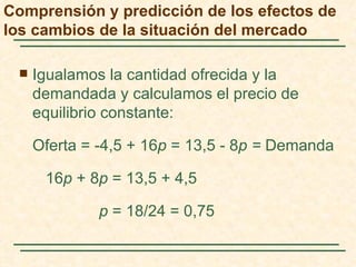 Comprensión y predicción de los efectos de
los cambios de la situación del mercado

    Igualamos la cantidad ofrecida y la
     demandada y calculamos el precio de
     equilibrio constante:

     Oferta = -4,5 + 16p = 13,5 - 8p = Demanda

      16p + 8p = 13,5 + 4,5

              p = 18/24 = 0,75
 