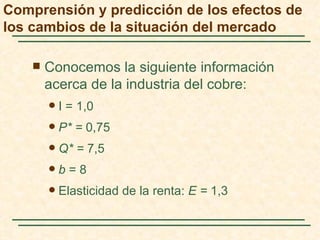 Comprensión y predicción de los efectos de
los cambios de la situación del mercado

       Conocemos la siguiente información
        acerca de la industria del cobre:
           I = 1,0
           P* = 0,75
           Q* = 7,5
           b=8
           Elasticidad de la renta: E = 1,3
 