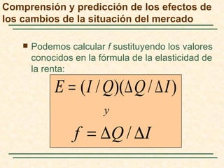 Comprensión y predicción de los efectos de
los cambios de la situación del mercado

       Podemos calcular f sustituyendo los valores
        conocidos en la fórmula de la elasticidad de
        la renta:

             E = ( I / Q)(∆ Q / ∆ I )
                         y

                  f = ∆Q / ∆I
 