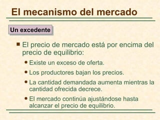 El mecanismo del mercado
Un excedente

    El precio de mercado está por encima del
     precio de equilibrio:
        Existe un exceso de oferta.
        Los productores bajan los precios.
        La cantidad demandada aumenta mientras la
         cantidad ofrecida decrece.
        El mercado continúa ajustándose hasta
         alcanzar el precio de equilibrio.
 