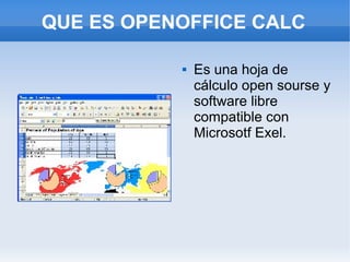 QUE ES OPENOFFICE CALC

              Es una hoja de
               cálculo open sourse y
               software libre
               compatible con
               Microsotf Exel.
 