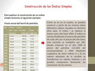 Construcción de los Índice Simples
Para explicar la construcción de un índice
simple tenemos el siguiente ejemplo:
Año Precio anual
del barril de
petróleo
Índice I
1994=100
Índice II
2006=100
1994 15,53 100,00 25,43
1995 16,86 108,56 27,60
1996 20,29 130,65 33,22
1997 18,68 120,28 30,58
1998 12,28 79,07 20,10
1999 17,48 112,56 28,62
2000 27,6 177,72 45,19
2001 23,12 148,87 37,85
2002 24,36 156,86 39,88
2003 28,1 180,94 46,01
2004 36,05 232,13 59,02
2005 50,64 326,08 82,91
2006 61,08 393,30 100,00
Precio anual del barril de petróleo Como se ve en el cuadro, se pueden
construir a partir de los mismos datos
diferentes índices, basados en distintos
años base. El índice I se obtiene al
tomar como año base 1994. El índice se
calcula dividiendo el precio del petróleo
de cada año por el precio del año base,
este cociente se multiplica por 100.
Siendo entonces en el año 1999 el
precio del petróleo 112,56% del
correspondiente a 1994. Mediante
cualquiera de estos índices (I y II) los
valores absolutos de la variable se
transforman en valores relativos y así
pueden compararse fácilmente las
variaciones de los precios.
 
