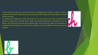 Es muy importante el paso que el niño tiene que dar en su aprendizaje para la lectura y escritura, nos lleva a
considerar detenidamente el importante menor proceso que este debe de seguir para la más perfecta consecución
de tales enseñanzas.
El, estudiaremos la integración de todas niño desde que nace, aun antes de nacer desde el principio de su
gestación, va siguiendo un ordenado proceso evolutivo que estrecha íntimamente su ser pensante con su ser
orgánico. Estas diversas fases que todo tipo de organismo sufre, van formando una unidad así pues estudiaremos
la integración de todas las funciones del ser, físicas o psíquicas en las cuales deberemos basar nuestro proceso
educativo.
 