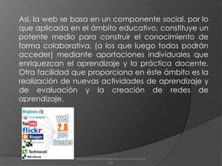 GeneralEl sitio no debe actuar como un "jardín cerrado": la información debe poderse introducir y extraer fácilmente.Los usuarios deberían controlar su propia información.Basada exclusivamente en la Web: los sitios Web 2.0 con más éxito pueden ser utilizados enteramente desde un navegador.La existencia de links es requisito imprescindible.http://www.maestrosdelweb.com/editorial/web2/