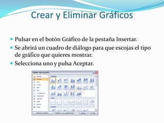 Crear y Eliminar Gráficos
 Pulsar en el botón Gráfico de la pestaña Insertar.
 Se abrirá un cuadro de diálogo para que escojas el tipo
de gráfico que quieres mostrar.
 Selecciona uno y pulsa Aceptar.
 