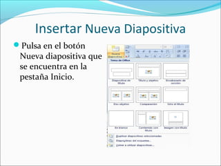Insertar Nueva Diapositiva
Pulsa en el botón
Nueva diapositiva que
se encuentra en la
pestaña Inicio.
 