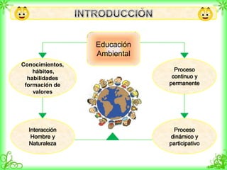 Educación
Ambiental
Proceso
continuo y
permanente
Conocimientos,
hábitos,
habilidades
formación de
valores
Interacción
Hombre y
Naturaleza
Proceso
dinámico y
participativo
 