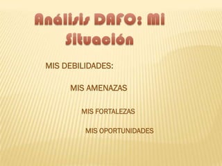MIS DEBILIDADES:
MIS AMENAZAS
MIS FORTALEZAS
MIS OPORTUNIDADES
 