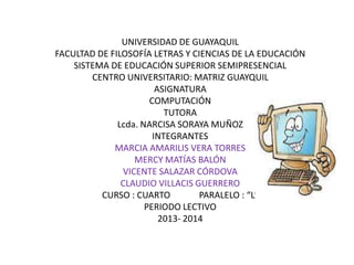 UNIVERSIDAD DE GUAYAQUIL
FACULTAD DE FILOSOFÍA LETRAS Y CIENCIAS DE LA EDUCACIÓN
SISTEMA DE EDUCACIÓN SUPERIOR SEMIPRESENCIAL
CENTRO UNIVERSITARIO: MATRIZ GUAYQUIL
ASIGNATURA
COMPUTACIÓN
TUTORA
Lcda. NARCISA SORAYA MUÑOZ
INTEGRANTES
MARCIA AMARILIS VERA TORRES
MERCY MATÍAS BALÓN
VICENTE SALAZAR CÓRDOVA
CLAUDIO VILLACIS GUERRERO
CURSO : CUARTO PARALELO : “L”
PERIODO LECTIVO
2013- 2014
 