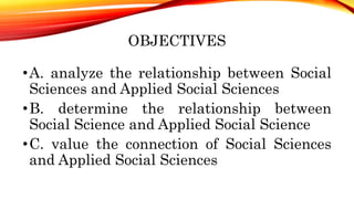 OBJECTIVES
•A. analyze the relationship between Social
Sciences and Applied Social Sciences
•B. determine the relationship between
Social Science and Applied Social Science
•C. value the connection of Social Sciences
and Applied Social Sciences
 