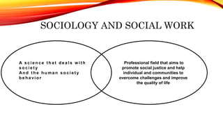Professional field that aims to
promote social justice and help
individual and communities to
overcome challenges and improve
the quality of life
SOCIOLOGY AND SOCIAL WORK
A s c i e n c e t h a t d e a l s w i t h
s o c i e t y
An d t h e h u m a n s o c i e t y
b e h a vi o r
 