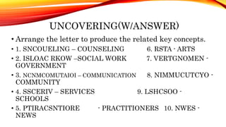 UNCOVERING(W/ANSWER)
• Arrange the letter to produce the related key concepts.
• 1. SNCOUELING – COUNSELING 6. RSTA - ARTS
• 2. ISLOAC RKOW –SOCIAL WORK 7. VERTGNOMEN -
GOVERNMENT
• 3. NCNMCOMUTAIOI – COMMUNICATION 8. NIMMUCUTCYO -
COMMUNITY
• 4. SSCERIV – SERVICES 9. LSHCSOO -
SCHOOLS
• 5. PTIRACSNTIORE - PRACTITIONERS 10. NWES -
NEWS
 