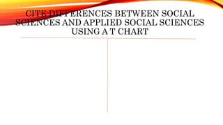 CITE DIFFERENCES BETWEEN SOCIAL
SCIENCES AND APPLIED SOCIAL SCIENCES
USING A T CHART
 