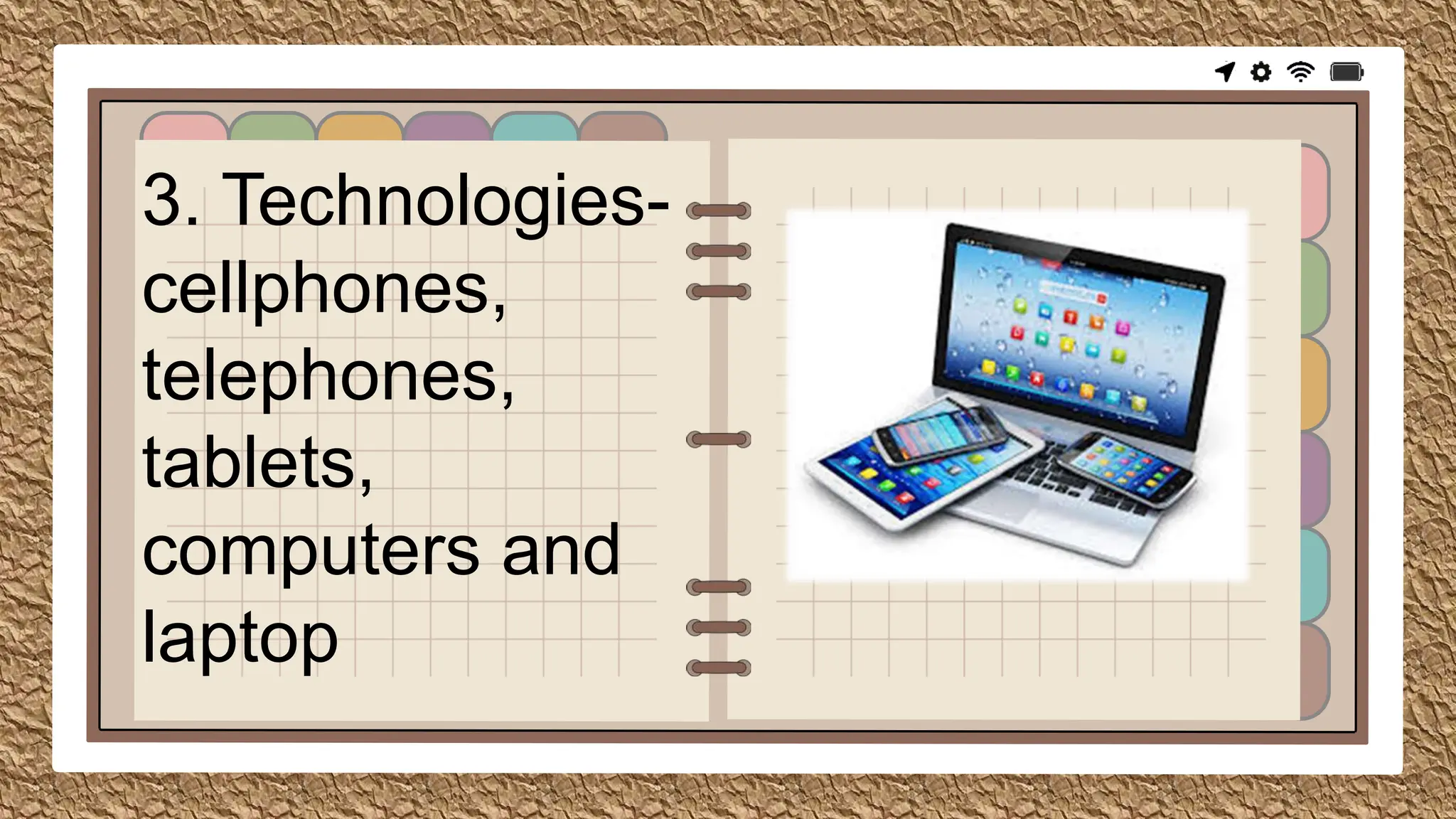 3. Technologies-
cellphones,
telephones,
tablets,
computers and
laptop
 