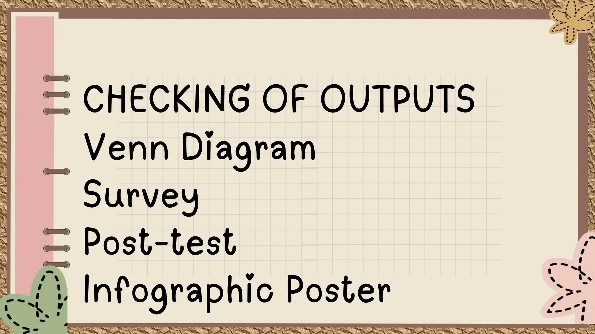 CHECKING OF OUTPUTS
Venn Diagram
Survey
Post-test
Infographic Poster
 