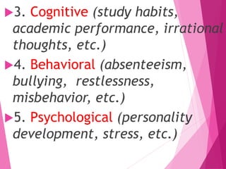 3. Cognitive (study habits,
academic performance, irrational
thoughts, etc.)
4. Behavioral (absenteeism,
bullying, restlessness,
misbehavior, etc.)
5. Psychological (personality
development, stress, etc.)
 