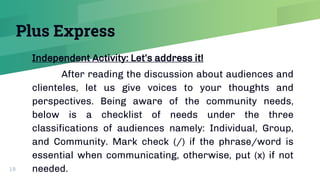 Plus Express
Independent Activity: Let’s address it!
After reading the discussion about audiences and
clienteles, let us give voices to your thoughts and
perspectives. Being aware of the community needs,
below is a checklist of needs under the three
classifications of audiences namely: Individual, Group,
and Community. Mark check (/) if the phrase/word is
essential when communicating, otherwise, put (x) if not
needed.
19
 