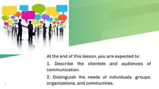 At the end of this lesson, you are expected to:
1. Describe the clientele and audiences of
communication.
2. Distinguish the needs of individuals, groups,
organizations, and communities.
3
 